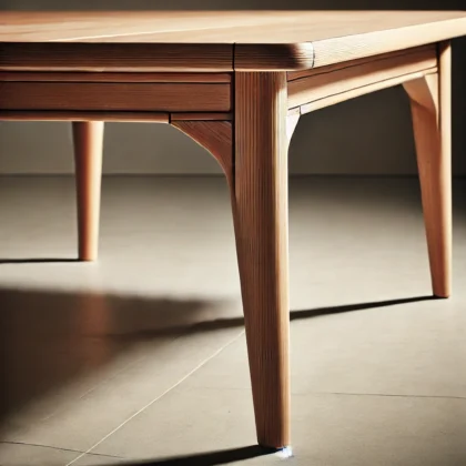 A modern desk with wooden legs inset 3 inches from the side edges. The desk has a smooth, rectangular top with tapered legs positioned slightly inward, creating a clean and balanced appearance. The legs are attached securely beneath the desk, ensuring stability while maintaining